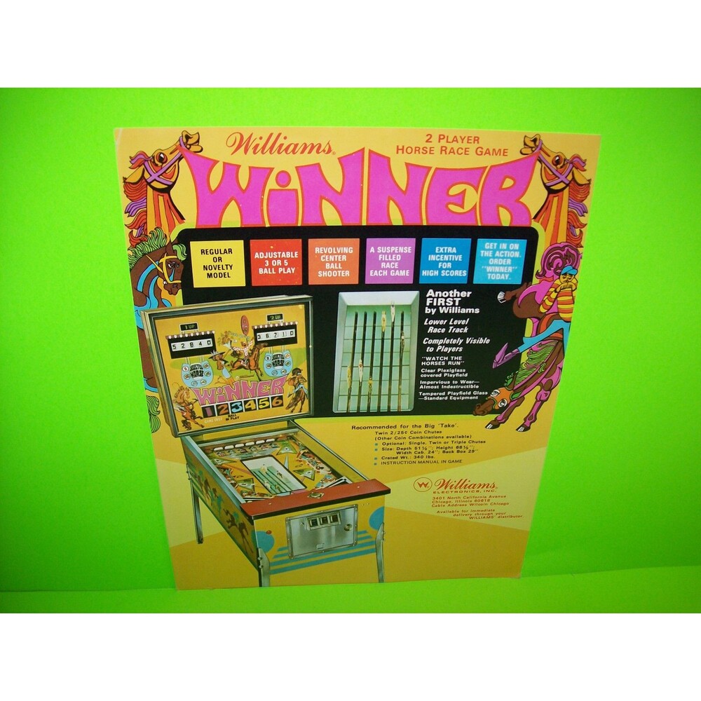 Winner Pinball Machine Flyer 1972 Original Horse Racing Theme Artwork